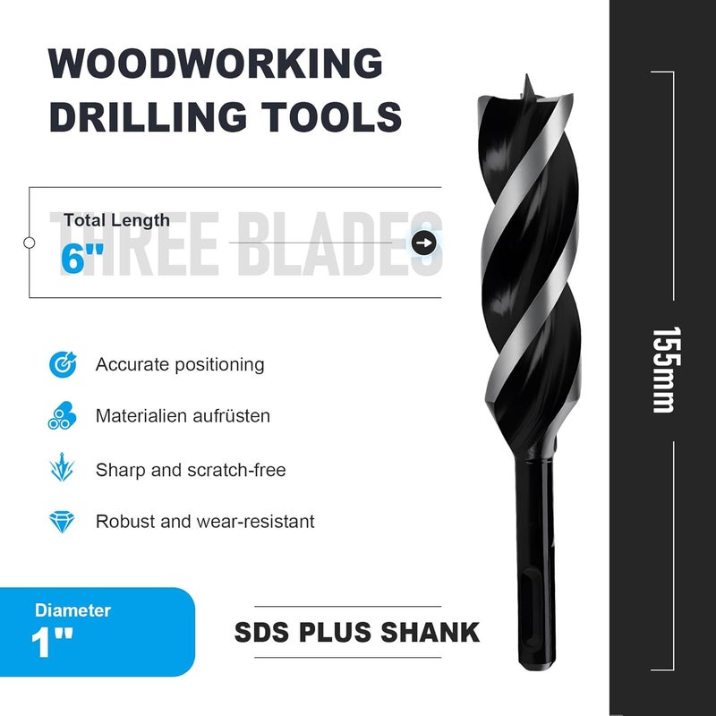 WOBLLMX 1" x 6" Auger Drill Bit with SDS Plus Shank for Wood,Tri Flute Ship Auger Long Drill Bit for Soft and Hard Wood,Tree Stump,Plastic,Drywall and Composite Materials - Image 2